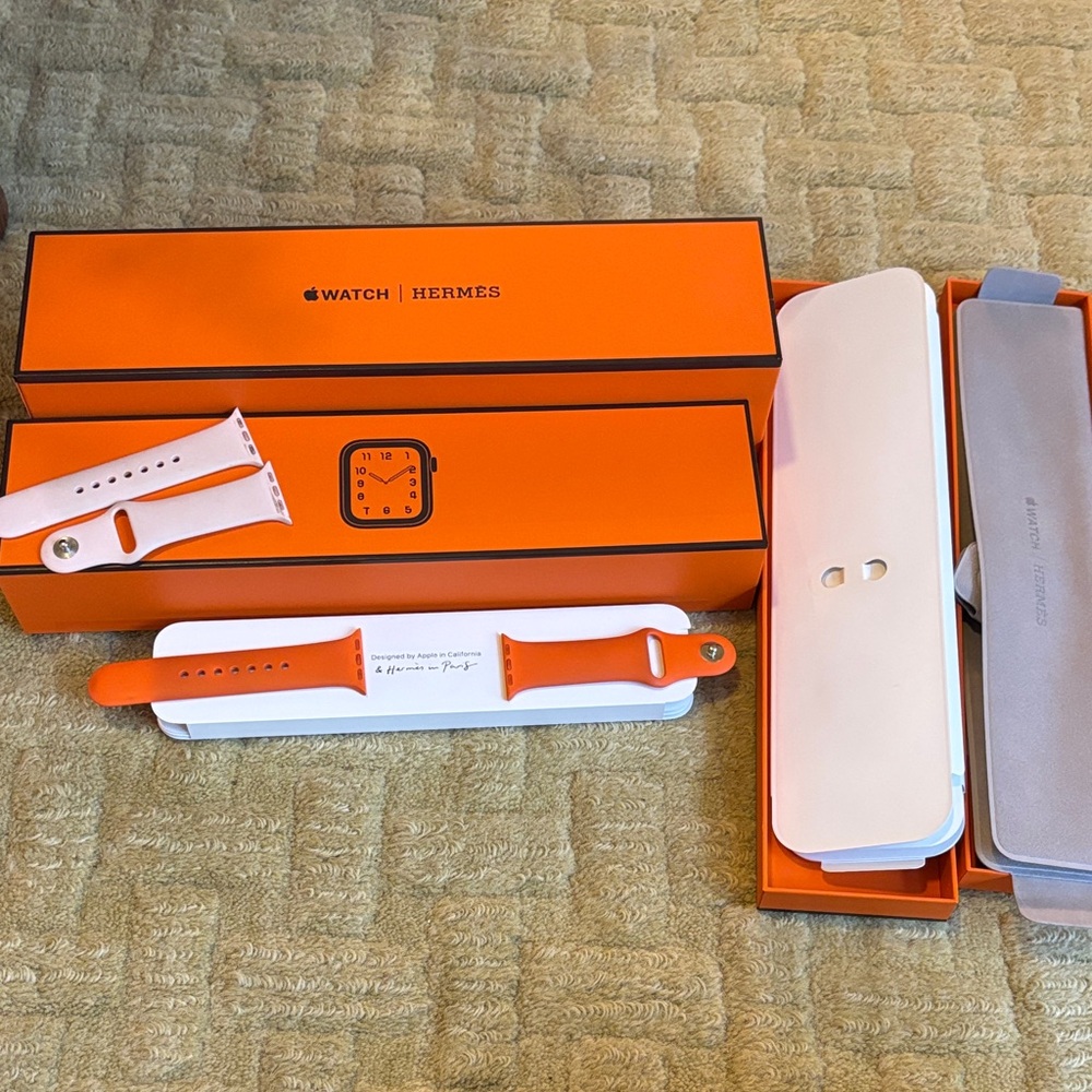 Hermes Orange and pink Apple Watch Bands and box and packaging